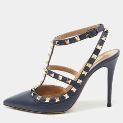 Pre Owned Valentino Navy Blue Leather Rockstud Pumps Size 38