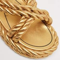 Pre Owned Valentino Gold Braided Leather Ankle Tie Flat Sandals Size 39