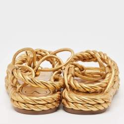 Pre Owned Valentino Gold Braided Leather Ankle Tie Flat Sandals Size 39