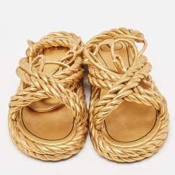 Pre Owned Valentino Gold Braided Leather Ankle Tie Flat Sandals Size 39