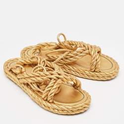 Pre Owned Valentino Gold Braided Leather Ankle Tie Flat Sandals Size 39