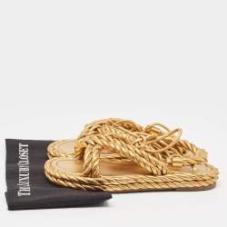 Pre Owned Valentino Gold Braided Leather Ankle Tie Flat Sandals Size 39