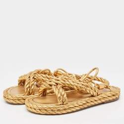 Pre Owned Valentino Gold Braided Leather Ankle Tie Flat Sandals Size 39