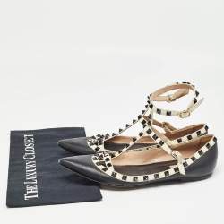 Valentino Black/White Leather Rockstud Ankle Strap Ballet Flats Size 39