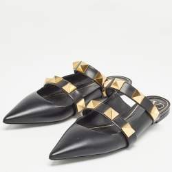 Pre Owned Valentino Black Leather Roman Stud Mules Size 40