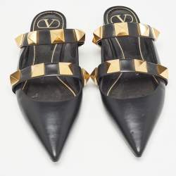 Pre Owned Valentino Black Leather Roman Stud Mules Size 40