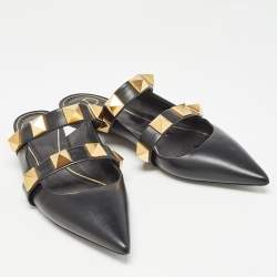 Pre Owned Valentino Black Leather Roman Stud Mules Size 40