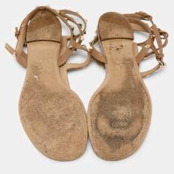 Pre Owned Valentino Beige/Pink Leather Rockstud Thong Flat Sandals  Size 39