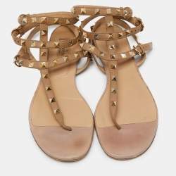Pre Owned Valentino Beige/Pink Leather Rockstud Thong Flat Sandals  Size 39