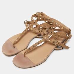 Pre Owned Valentino Beige/Pink Leather Rockstud Thong Flat Sandals  Size 39