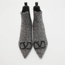 Pre Owned Valentino Black/White Wool Escape V Logo Pointed Toe Ankle Booties Size 36