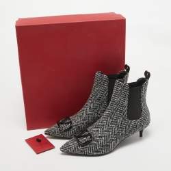 Pre Owned Valentino Black/White Wool Escape V Logo Pointed Toe Ankle Booties Size 36