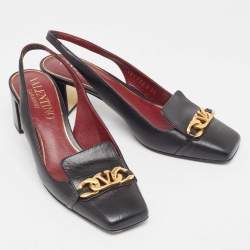 Pre Owned Valentino Black Leather Vlogo Chain Slingback Pumps Size 37