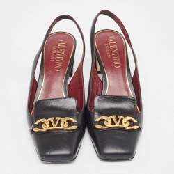 Pre Owned Valentino Black Leather Vlogo Chain Slingback Pumps Size 37