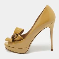 Valentino Beige Patent Leather Bow Platform Peep Toe Pumps Size 38