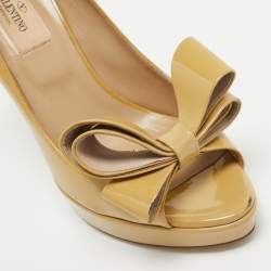 Valentino Beige Patent Leather Bow Platform Peep Toe Pumps Size 38