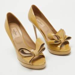 Valentino Beige Patent Leather Bow Platform Peep Toe Pumps Size 38