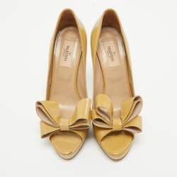 Valentino Beige Patent Leather Bow Platform Peep Toe Pumps Size 38