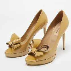 Valentino Beige Patent Leather Bow Platform Peep Toe Pumps Size 38