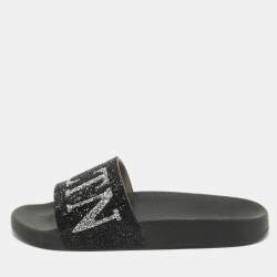 Pre Owned Valentino Black Leather Crystal Embellished Flat Slides Size 37