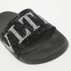 Pre Owned Valentino Black Leather Crystal Embellished Flat Slides Size 37