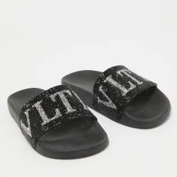 Pre Owned Valentino Black Leather Crystal Embellished Flat Slides Size 37