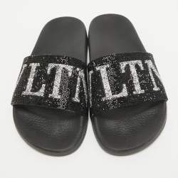 Pre Owned Valentino Black Leather Crystal Embellished Flat Slides Size 37