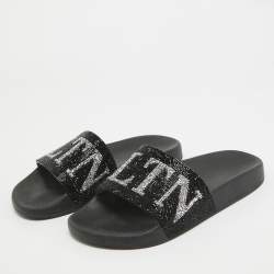 Pre Owned Valentino Black Leather Crystal Embellished Flat Slides Size 37