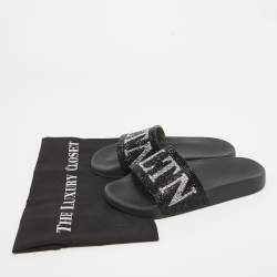 Pre Owned Valentino Black Leather Crystal Embellished Flat Slides Size 37