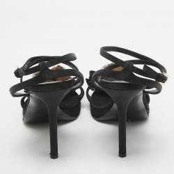 Valentino Black Satin Fur Bow Ankle Strap Sandals Size 38