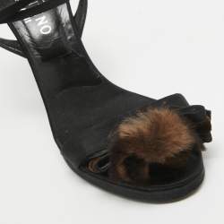 Valentino Black Satin Fur Bow Ankle Strap Sandals Size 38