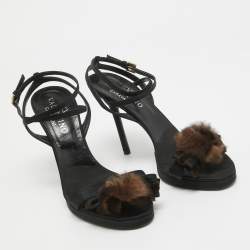 Valentino Black Satin Fur Bow Ankle Strap Sandals Size 38