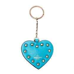 Valentino Blue Rockstud Heart Gold Tone Keychain
