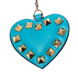 Valentino Blue Rockstud Heart Gold Tone Keychain