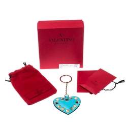 Valentino Blue Rockstud Heart Gold Tone Keychain