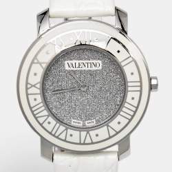 Pre Owned Valentino Histoire Metallic Grey Dial Stainless Steel Enamel Embossed Leather Women's Wristwatch 37 mm