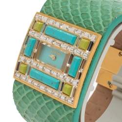 Valentino Aqua Green Gold Tone Stainless Steel Swarovski Crystal Python Leather Women's Wristwatch 39 mm