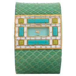 Valentino Aqua Green Gold Tone Stainless Steel Swarovski Crystal Python Leather Women's Wristwatch 39 mm