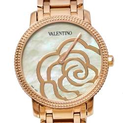 Pre Owned Valentino Mother of Pearl Rose Gold Plated Stainless Steel V56 Women's Wristwatch 36 mm