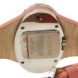 Pre Owned Valentino White Stainless Steel Ostrich Leather Oval V 8751120555 Women's Wristwatch 45 mm