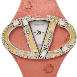 Pre Owned Valentino White Stainless Steel Ostrich Leather Oval V 8751120555 Women's Wristwatch 45 mm