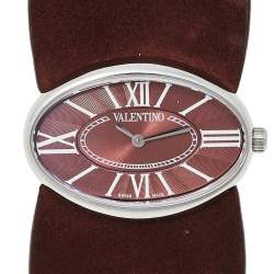 Pre Owned Valentino Burgundy Stainless Steel & Leather Signature Women's Wristwatch 36 mm