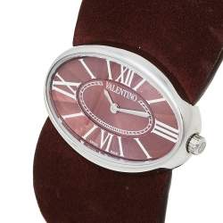 Pre Owned Valentino Burgundy Stainless Steel & Leather Signature Women's Wristwatch 36 mm