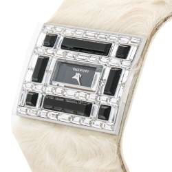 Pre Owned Valentino Black Stainless Steel Swarovski Crystal Leather Women's Wristwatch 39 mm