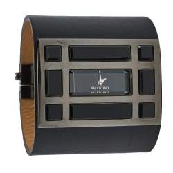 Pre Owned Valentino Black PVD Coated Stainless Steel Leather Fascia 87.51.100.025 Women's Wristwatch 53 mm
