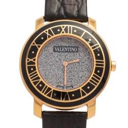 Pre Owned Valentino Metallic Black Rose Gold Plated Stainless Steel Leather Histoire Women's Wristwatch 37 mm