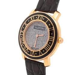 Pre Owned Valentino Metallic Black Rose Gold Plated Stainless Steel Leather Histoire Women's Wristwatch 37 mm