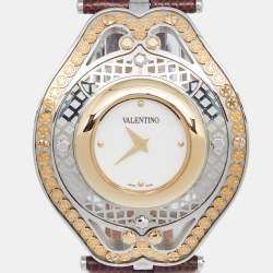 Pre Owned Valentino White Two Tone Stainless Steel Leather  Classic V58 Women's Wristwatch 42 mm