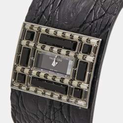 Pre Owned Valentino Black Stainless Steel Swarovski Crystal Crocodile Leather Garavani Women's Wristwatch 39 mm