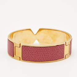 Valextra Pink Leather Gold Tone Hinged Bracelet